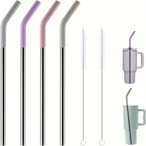 4-Pack Extra Long Reusable Metal Drinking Straws with Silicone Tips and Cleaning Brush, Polished Metal Finish, Stainless Steel, Food-Safe, for 40oz Tumblers - Perfect for Christmas, Halloween, Easter, Hanukkah, Thanksgiving